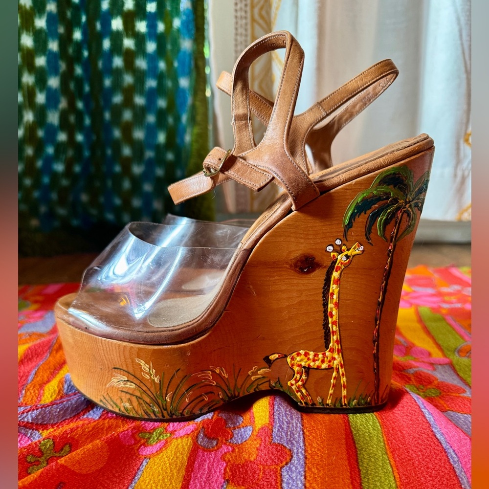 70s Vintage Wooden Wonder Wedge w Clear Vamp and Painted Details Sz 7 - Picture 1 of 13